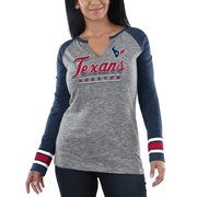 Add Houston Texans Majestic Women's Lead Play Long Sleeve V-Notch T-Shirt - Heathered Gray/Heathered Navy To Your NFL Collection