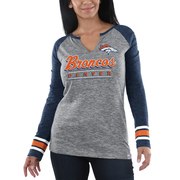 Add Denver Broncos Majestic Women's Lead Play Long Sleeve V-Notch T-Shirt - Heathered Gray/Heathered Navy To Your NFL Collection