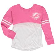 Add Miami Dolphins 5th & Ocean by New Era Girls Youth Varsity Crew Long Sleeve T-Shirt – White/Pink To Your NFL Collection