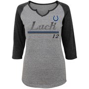 Add Andrew Luck Indianapolis Colts Women's Juniors Over the Line Player Name & Number Tri-Blend 3/4-Sleeve V-Notch T-Shirt - Heathered Gray/Black To Your NFL Collection