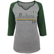 Add Aaron Rodgers Green Bay Packers Women's Juniors Over the Line Player Name & Number Tri-Blend 3/4-Sleeve V-Notch T-Shirt - Heathered Gray/Green To Your NFL Collection