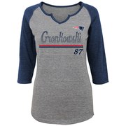 Add Rob Gronkowski New England Patriots Women's Juniors Over the Line Player Name & Number Tri-Blend 3/4-Sleeve V-Notch T-Shirt - Heathered Gray/Navy To Your NFL Collection