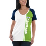 Add Seattle Seahawks Majestic Women's The Highlight V-Neck T-Shirt - White/College Navy To Your NFL Collection