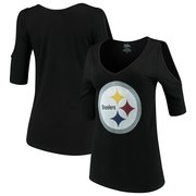 Add Pittsburgh Steelers Majestic Threads Women's Cold Shoulder 3/4-Sleeve V-Neck T-Shirt - Black To Your NFL Collection