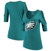 Add Philadelphia Eagles Majestic Threads Women's Cold Shoulder 3/4-Sleeve V-Neck T-Shirt - Midnight Green To Your NFL Collection