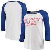 Order New England Patriots Junk Food Women's Retro Script Raglan 3/4-Sleeve T-Shirt – White/Royal at low prices.