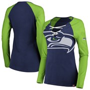 Add Seattle Seahawks Majestic Women's Long Sleeve Lace-Up V-Neck T-Shirt - College Navy/Neon Green To Your NFL Collection