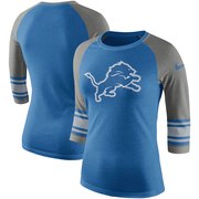 Add Detroit Lions Nike Women's Stripe 3/4-Sleeve Raglan Tri-Blend T-Shirt - Blue To Your NFL Collection
