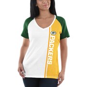 Add Green Bay Packers Majestic Women's The Highlight V-Neck T-Shirt - White/Green To Your NFL Collection