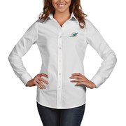 Add Miami Dolphins Antigua Women's Dynasty Woven Button Up Long Sleeve Shirt - White To Your NFL Collection