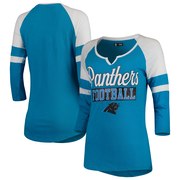 Add Carolina Panthers New Era Women's Glitter Slub 3/4-Sleeve Raglan V-Notch T-Shirt – Blue/White To Your NFL Collection