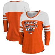 Add Denver Broncos NFL Pro Line by Fanatics Branded Women's Air Color Block Tri-Blend 3/4-Sleeve T-Shirt – Orange To Your NFL Collection