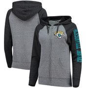 Add Jacksonville Jaguars 5th & Ocean by New Era Women's Fleece Tri-Blend Raglan Sleeve Full-Zip Hoodie - Heathered Gray/Black To Your NFL Collection