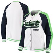 Add Seattle Seahawks New Era Women's Varsity Full Snap Jacket - White/College Navy To Your NFL Collection