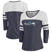 Order Seattle Seahawks NFL Pro Line by Fanatics Branded Women's Distressed Primary Logo Three-Quarter Sleeve Raglan Tri-Blend T-Shirt – Navy at low prices.