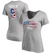 Add Justin Tucker Baltimore Ravens NFL Pro Line by Fanatics Branded Women's Banner Wave Name & Number T-Shirt - Heathered Gray To Your NFL Collection