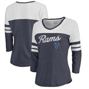 Add Los Angeles Rams NFL Pro Line by Fanatics Branded Women's Timeless Collection Rising Script Color Block 3/4 Sleeve Tri-Blend T-Shirt - Navy To Your NFL Collection