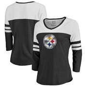 Add Pittsburgh Steelers NFL Pro Line by Fanatics Branded Women's Distressed Primary Logo Three-Quarter Sleeve Raglan Tri-Blend T-Shirt – Black To Your NFL Collection