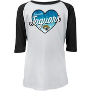 Add Jacksonville Jaguars New Era Girls Youth Gradient Heart Raglan 3/4-Sleeve T-Shirt – White/Black To Your NFL Collection