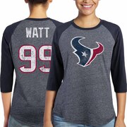 Add J.J. Watt Houston Texans Majestic Women's Player Name & Number Tri-Blend Three-Quarter Sleeve T-Shirt - Navy To Your NFL Collection