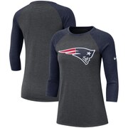 Add New England Patriots Nike Women's Three-Quarter Sleeve Raglan Primary Logo T-Shirt – Heathered Charcoal/Navy To Your NFL Collection