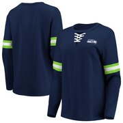 Add Seattle Seahawks Fanatics Branded Women's Lead Draft Lace-Up Pullover Fleece Sweatshirt - College Navy To Your NFL Collection