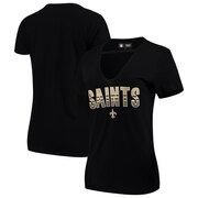 Add New Orleans Saints New Era Women's Gradient Glitter Choker V-Neck T-Shirt - Black To Your NFL Collection