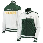 Add Green Bay Packers G-III 4Her by Carl Banks Women's Face Off Raglan Full-Zip Track Jacket - White/Green To Your NFL Collection