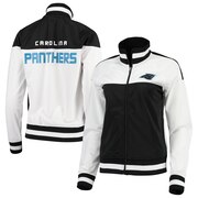 Add Carolina Panthers G-III 4Her by Carl Banks Women's Face Off Raglan Full-Zip Track Jacket - White/Black To Your NFL Collection