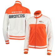 Add Denver Broncos G-III 4Her by Carl Banks Women's Face Off Raglan Full-Zip Track Jacket - White/Orange To Your NFL Collection