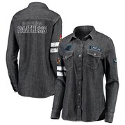 Add Carolina Panthers WEAR By Erin Andrews Women's Long Sleeve Button-Up Denim Shirt - Heather Black To Your NFL Collection