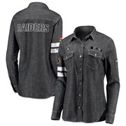 Add Oakland Raiders WEAR By Erin Andrews Women's Long Sleeve Button-Up Denim Shirt - Heather Black To Your NFL Collection