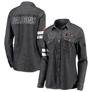 Add Atlanta Falcons WEAR By Erin Andrews Women's Long Sleeve Button-Up Denim Shirt - Heather Black To Your NFL Collection