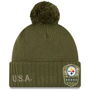 Add Pittsburgh Steelers New Era Women's 2019 Salute to Service Sideline Cuffed Pom Knit Hat - Olive To Your NFL Collection