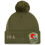 Add Cleveland Browns New Era Women's 2019 Salute to Service Sideline Cuffed Pom Knit Hat - Olive To Your NFL Collection