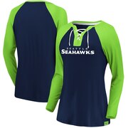 Add Seattle Seahawks NFL Pro Line by Fanatics Branded Women's Break Out Play Lace-Up V-Neck Raglan Long Sleeve T-Shirt - College Navy/Neon Green To Your NFL Collection